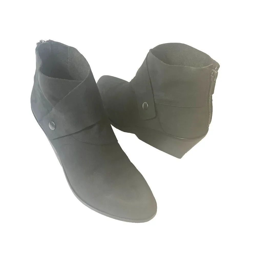 Eileen Fisher Chunky Heel Ankle Boots Women's 7.5 All Leather Gray Zip Up Casual